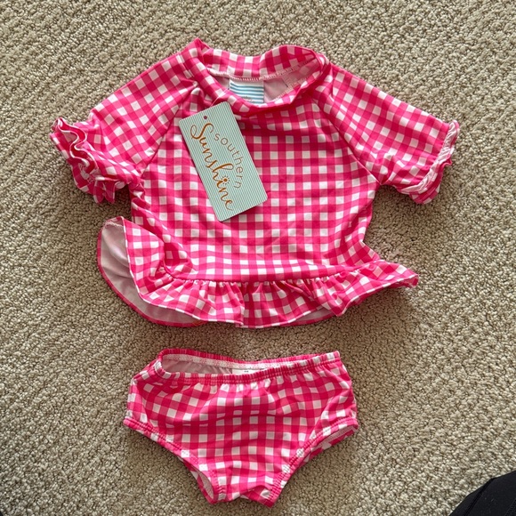 Bright Pink Gingham Ruffle Rashguard Set 6m - Picture 1 of 2